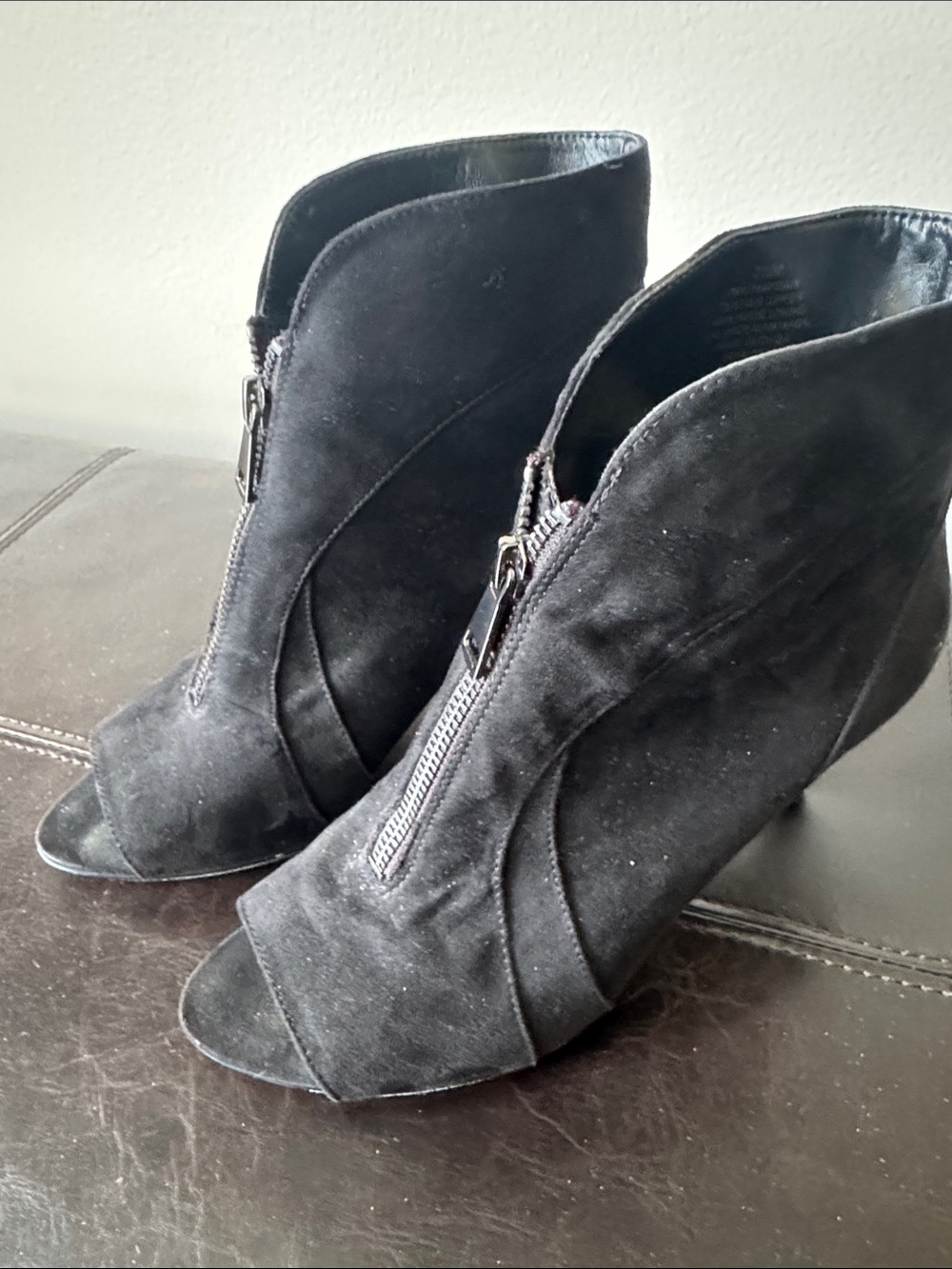 Nine West Black Suede Peep-Toe Ankle Booties with Front Zip